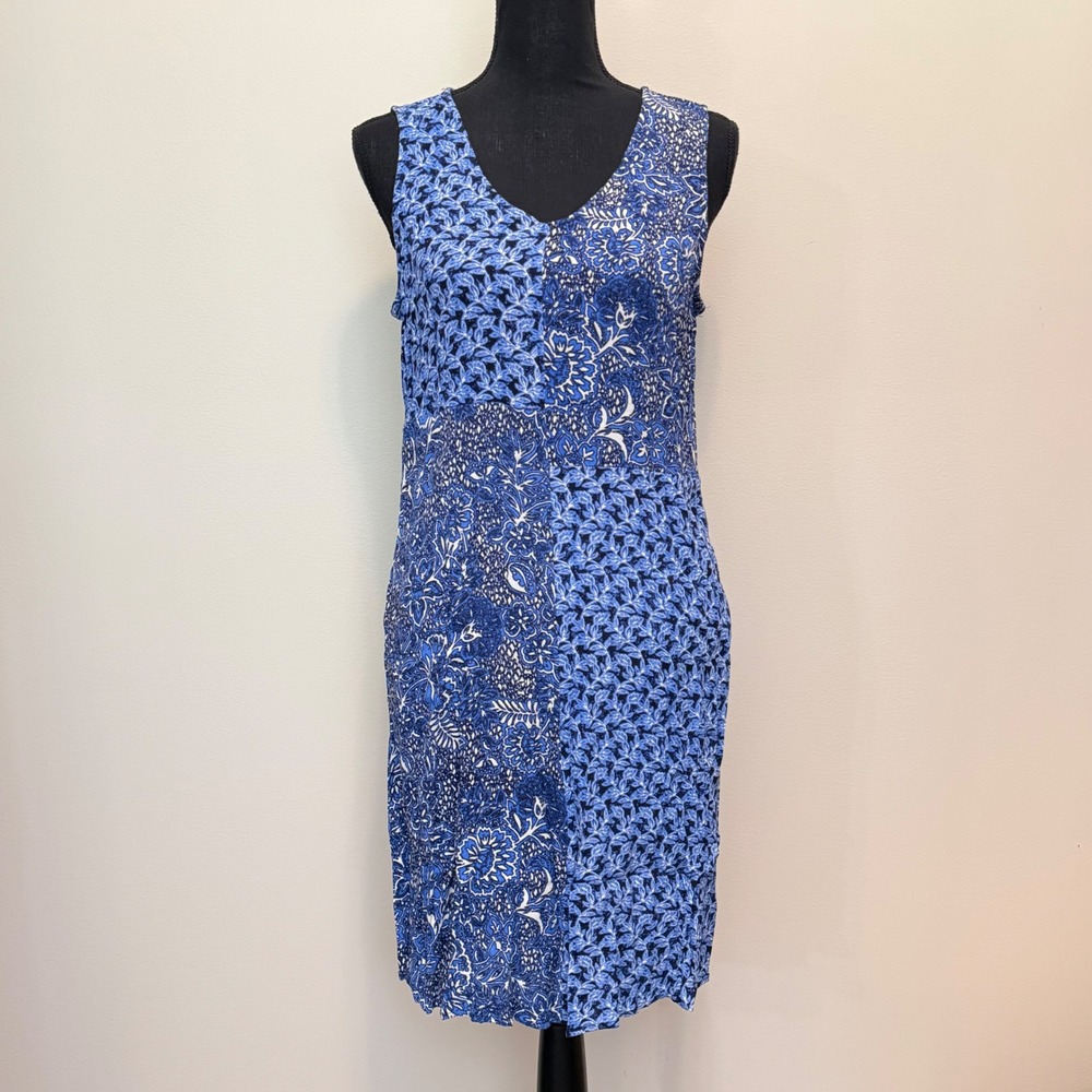 Habitat Blue White Floral Patchwork Shift Dress Women S Pockets Sleeveless VNeck